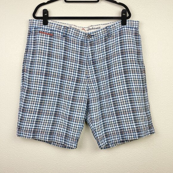 Tommy Bahama Men's 40 Plaid Gingham Plaid Linen Blend Shorts Blue Tan Flat Front - Picture 1 of 14